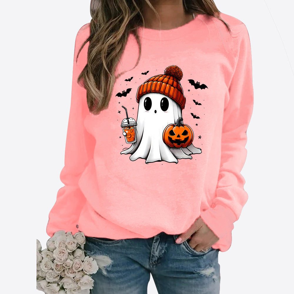 Halloween Round Neck Print Long Sleeve Graphic Sweater