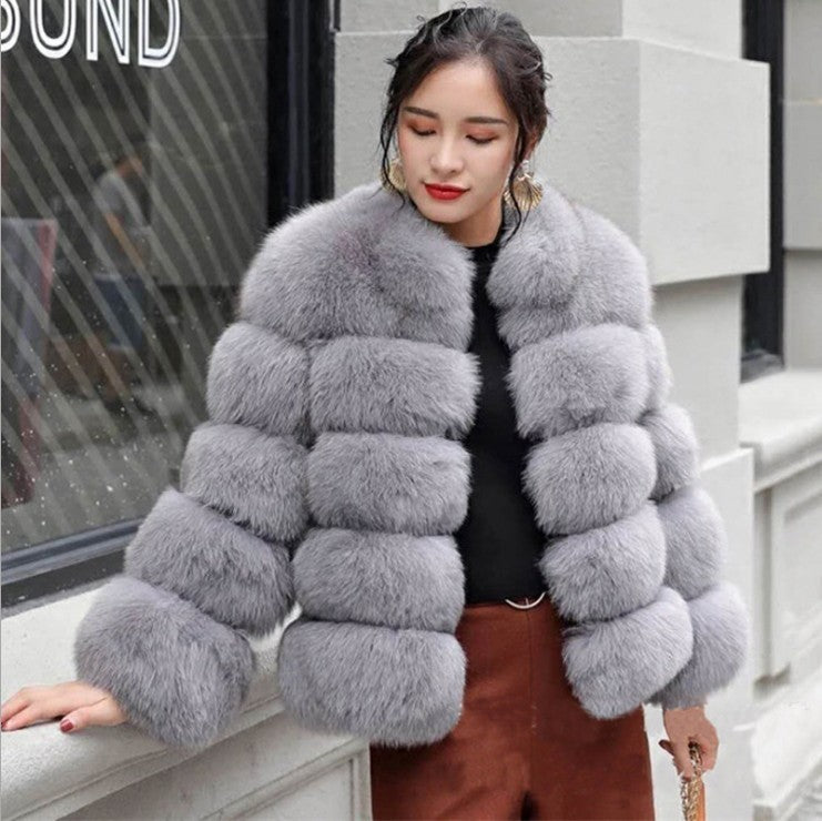 Vegan Fox Fur Slimming Stand Collar Splicing Coat (Multiple Colors)