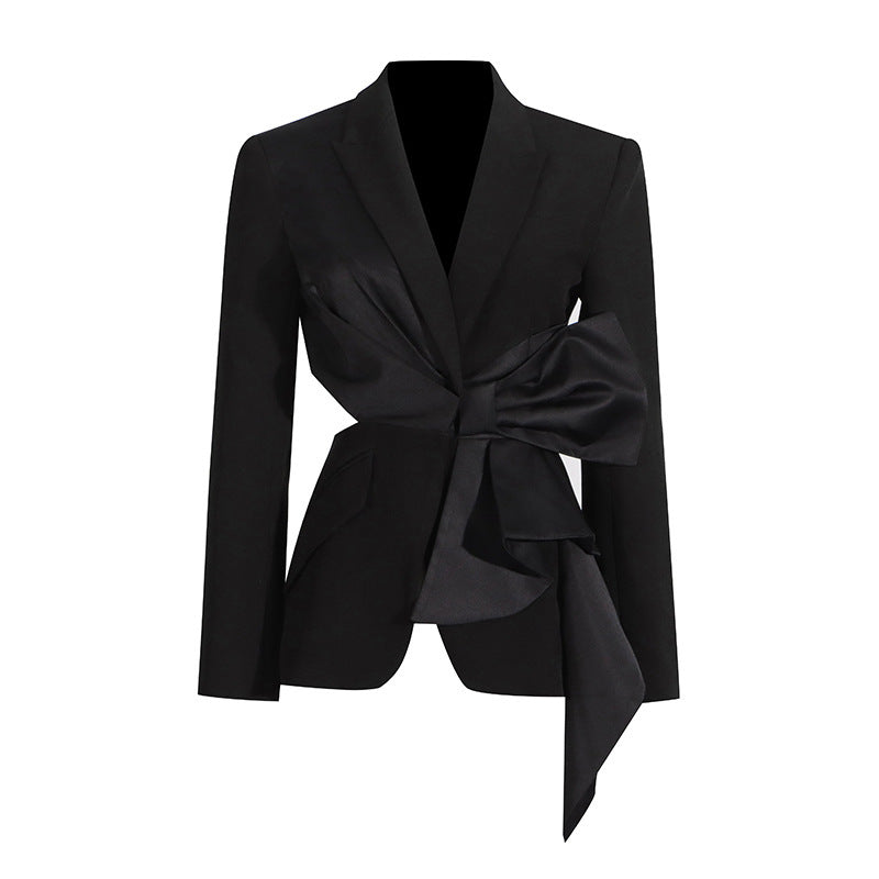 Fashion Sexy V-neck Midriff Bow Lace-up Waist Tight Suit Jacket (Black)