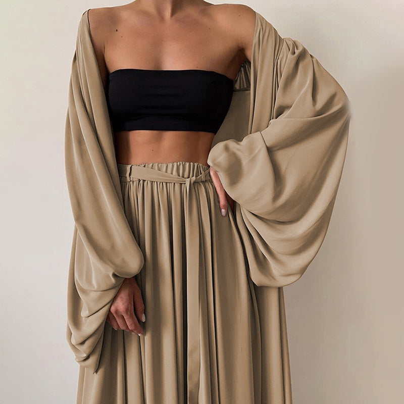 Elegant Women's Solid 3-Piece Set Lantern Sleeve Long Cardigan & Tube Top & Wide Leg Trousers With Drawstring Flowy Outfit