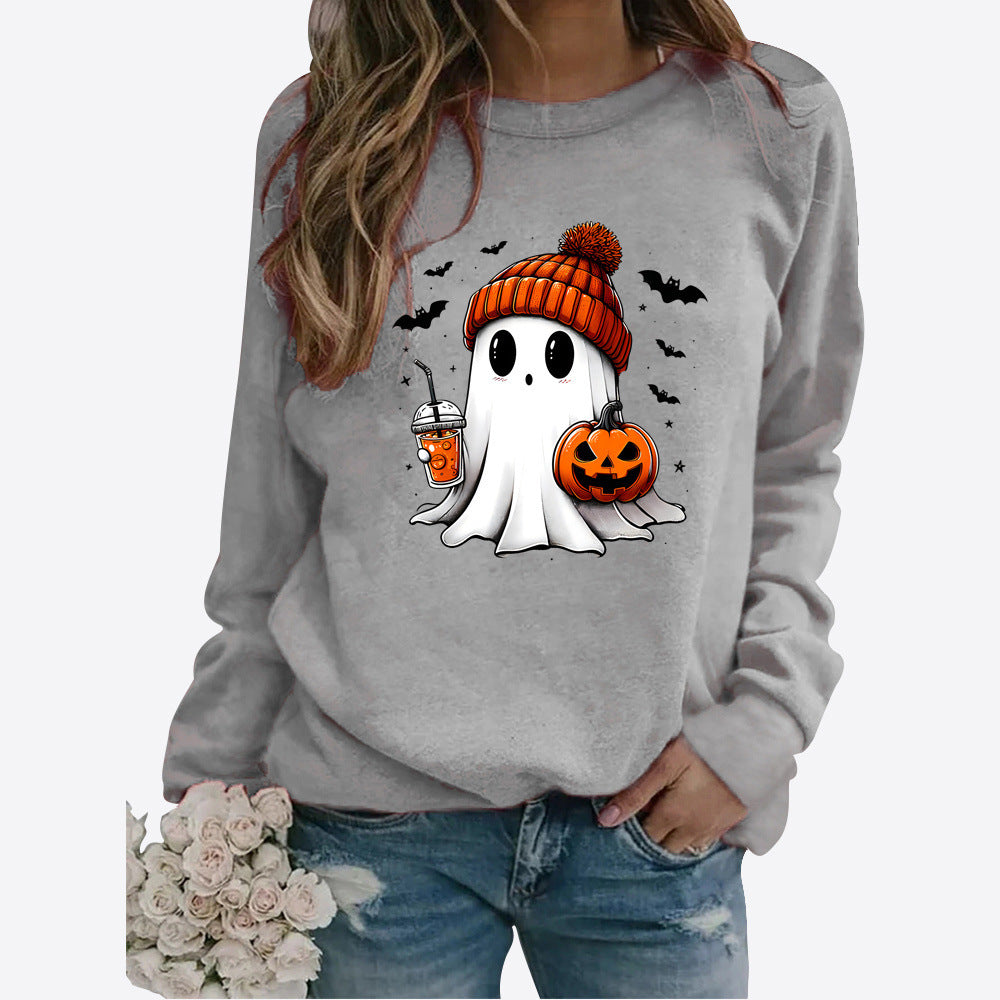 Halloween Round Neck Print Long Sleeve Graphic Sweater