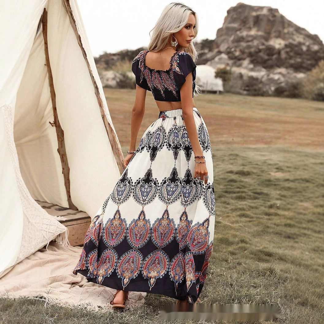 Bohemian Crop Top and High Waisted Flowy Skirt Set