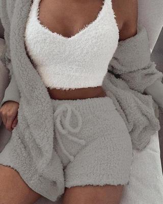 3pcs Womens Clothing Long Sleeve Crop Tank Top And Drawstring Shorts Pajama Set (Multiple Colors)