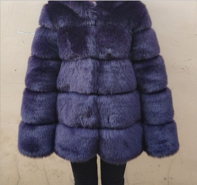 Vegan Fox Fur Slimming Stand Collar Splicing Coat (Multiple Colors)
