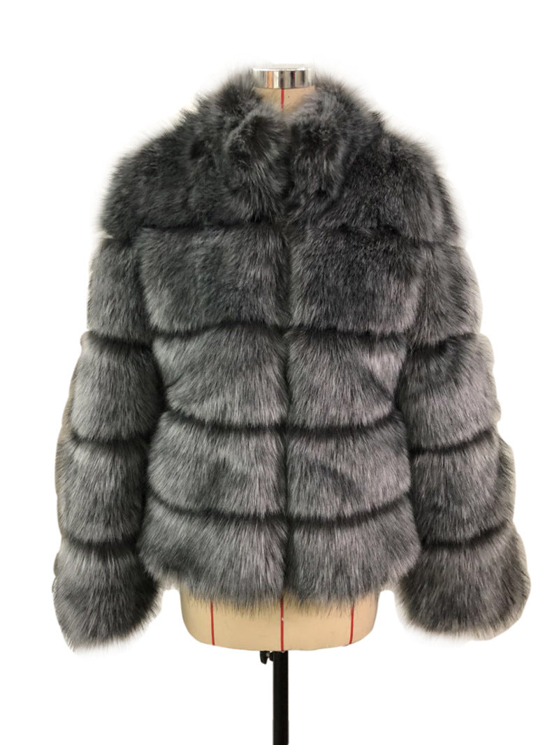 Vegan Fox Fur Slimming Stand Collar Splicing Coat (Multiple Colors)