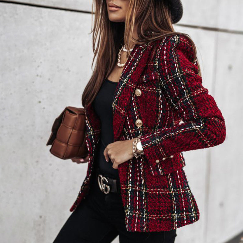 Women's Elegant Checkered Long Sleeve Blazer - Double-Breasted Printed Jacket (Multiple Colors)