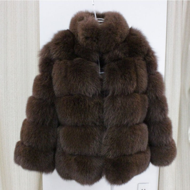Vegan Fox Fur Slimming Stand Collar Splicing Coat (Multiple Colors)