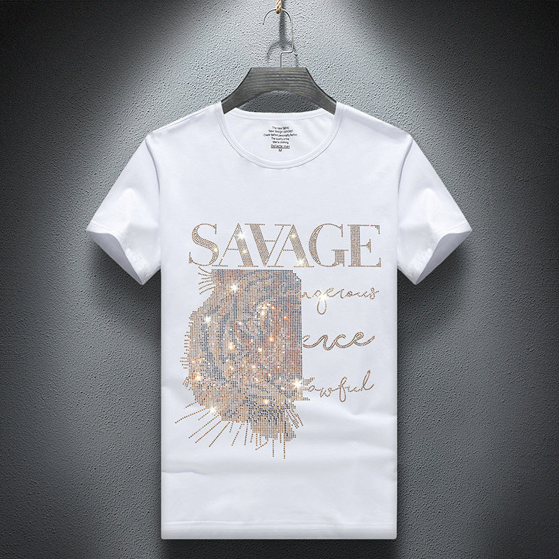 Savage Round Neck Rhinestone Lion Short Sleeve T-shirt (Multiple Colors)
