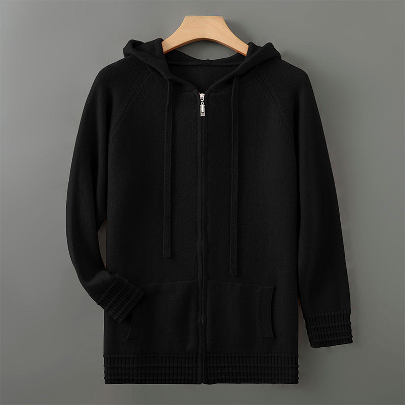 Luxury Mens Australian Merino Wool Zip Hoodie w/ Sleeve and Bottom Detailing (Multiple Colors)