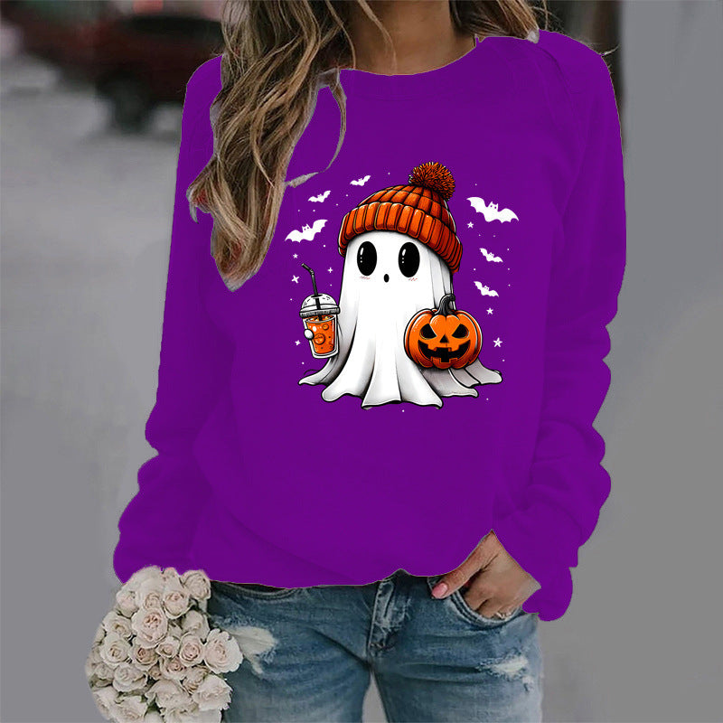Halloween Round Neck Print Long Sleeve Graphic Sweater