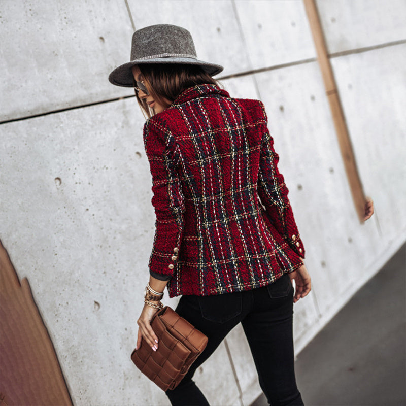 Women's Elegant Checkered Long Sleeve Blazer - Double-Breasted Printed Jacket (Multiple Colors)