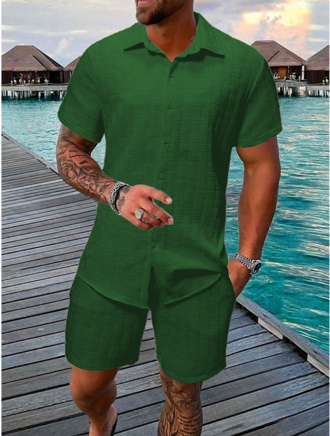 Summer Jacquard Solid Color Short Sleeve Button Down Shirt and Shorts Set (Multiple Colors)