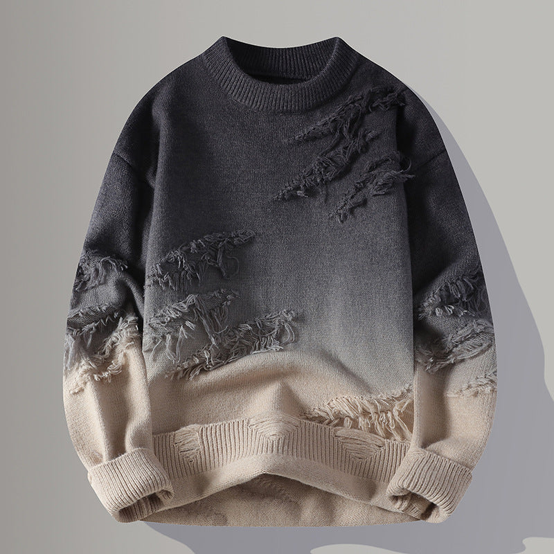 Mens Distressed Ombre Round Neck Pullover Sweater (Multiple Colors)