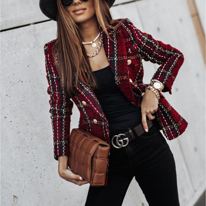 Women's Elegant Checkered Long Sleeve Blazer - Double-Breasted Printed Jacket (Multiple Colors)