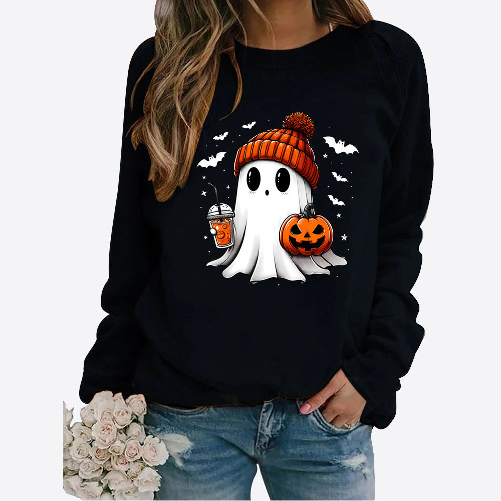 Halloween Round Neck Print Long Sleeve Graphic Sweater