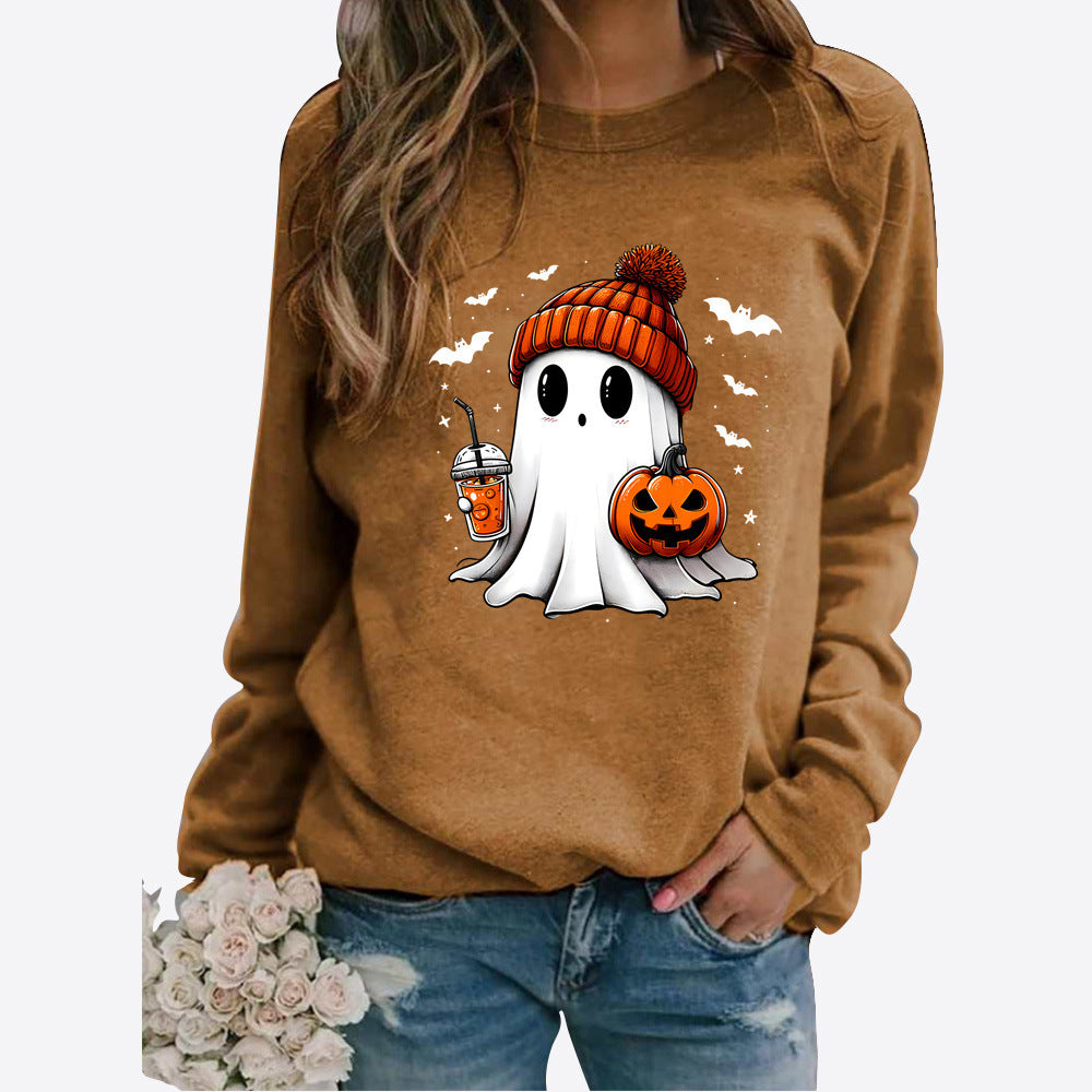 Halloween Round Neck Print Long Sleeve Graphic Sweater