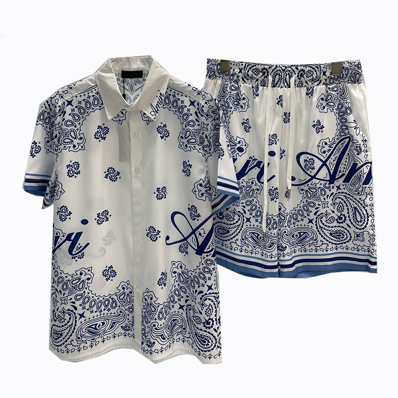 Men's Fashion Amir Casual Beach Shirt & Shorts Set (Navy/White)