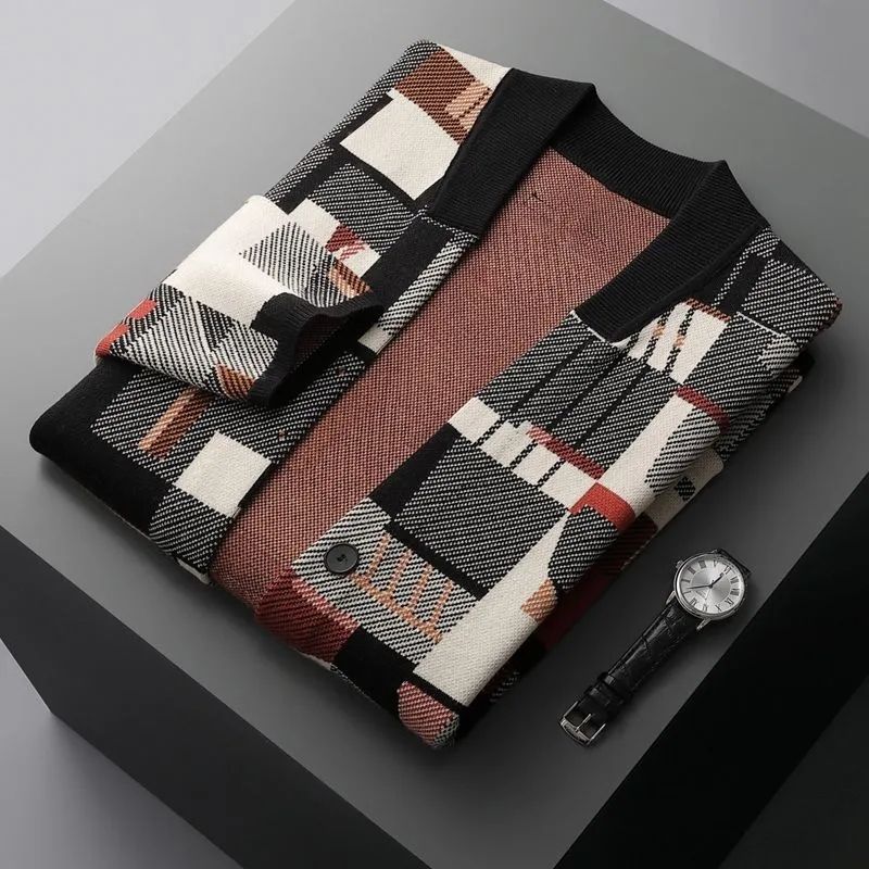 Mens Modern Abstract Design Geometric Camouflage Cardigan