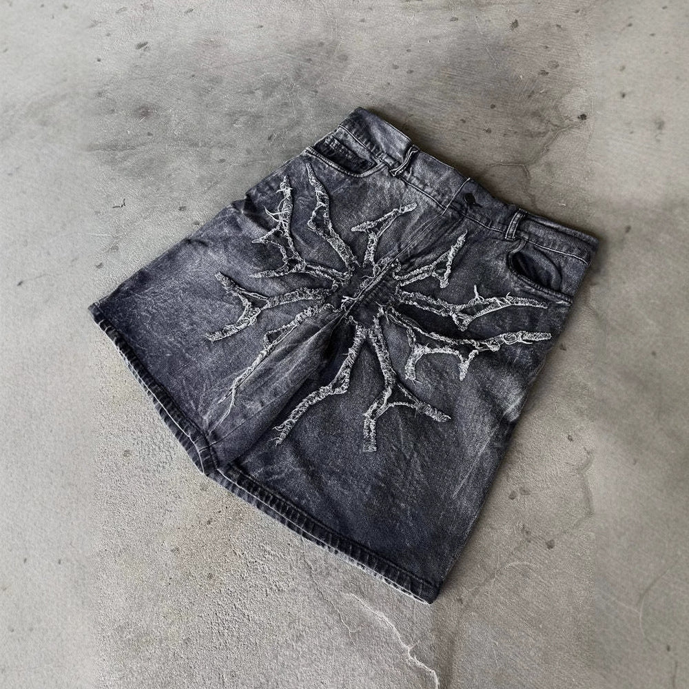 Retro Gothic Denim Distressed Shorts