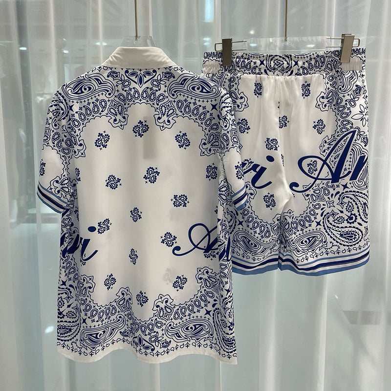 Men's Fashion Amir Casual Beach Shirt & Shorts Set (Navy/White)
