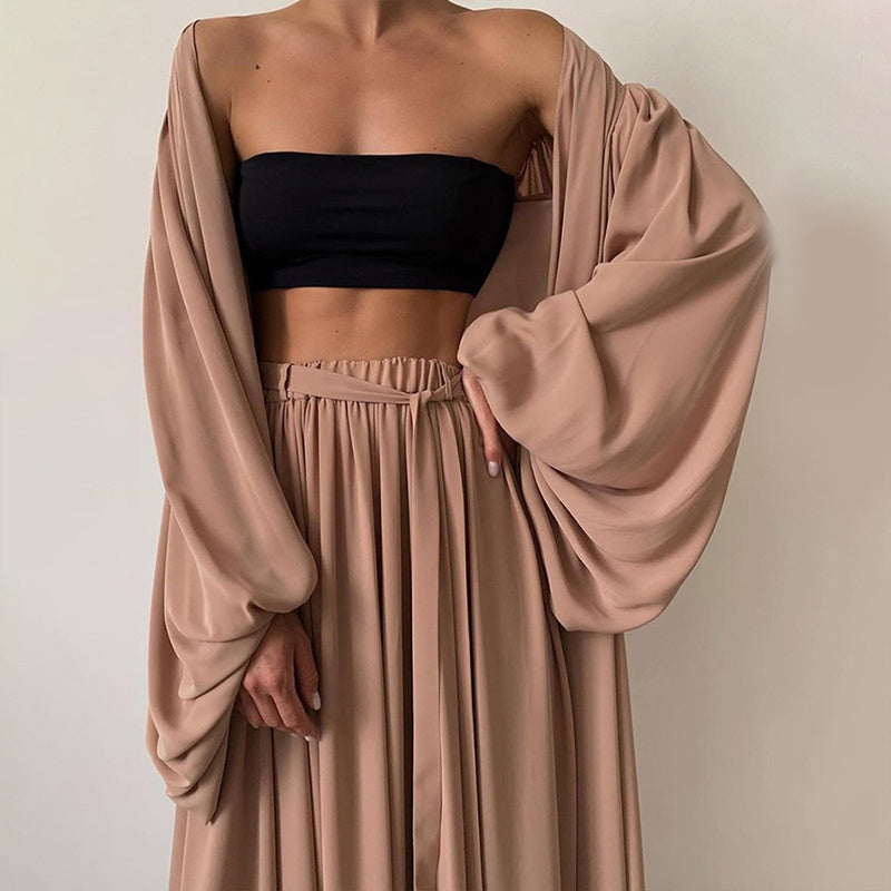 Elegant Women's Solid 3-Piece Set Lantern Sleeve Long Cardigan & Tube Top & Wide Leg Trousers With Drawstring Flowy Outfit
