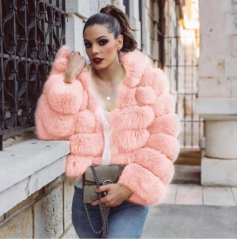 Vegan Fox Fur Slimming Stand Collar Splicing Coat (Multiple Colors)