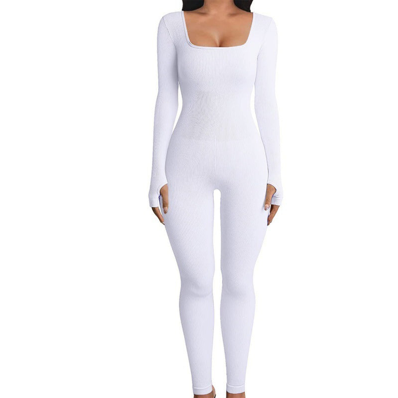 Women's Yoga Sports Fitness Workout Long Sleeve Square Collar Jumpsuit (Black)