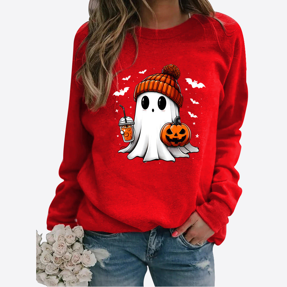 Halloween Round Neck Print Long Sleeve Graphic Sweater