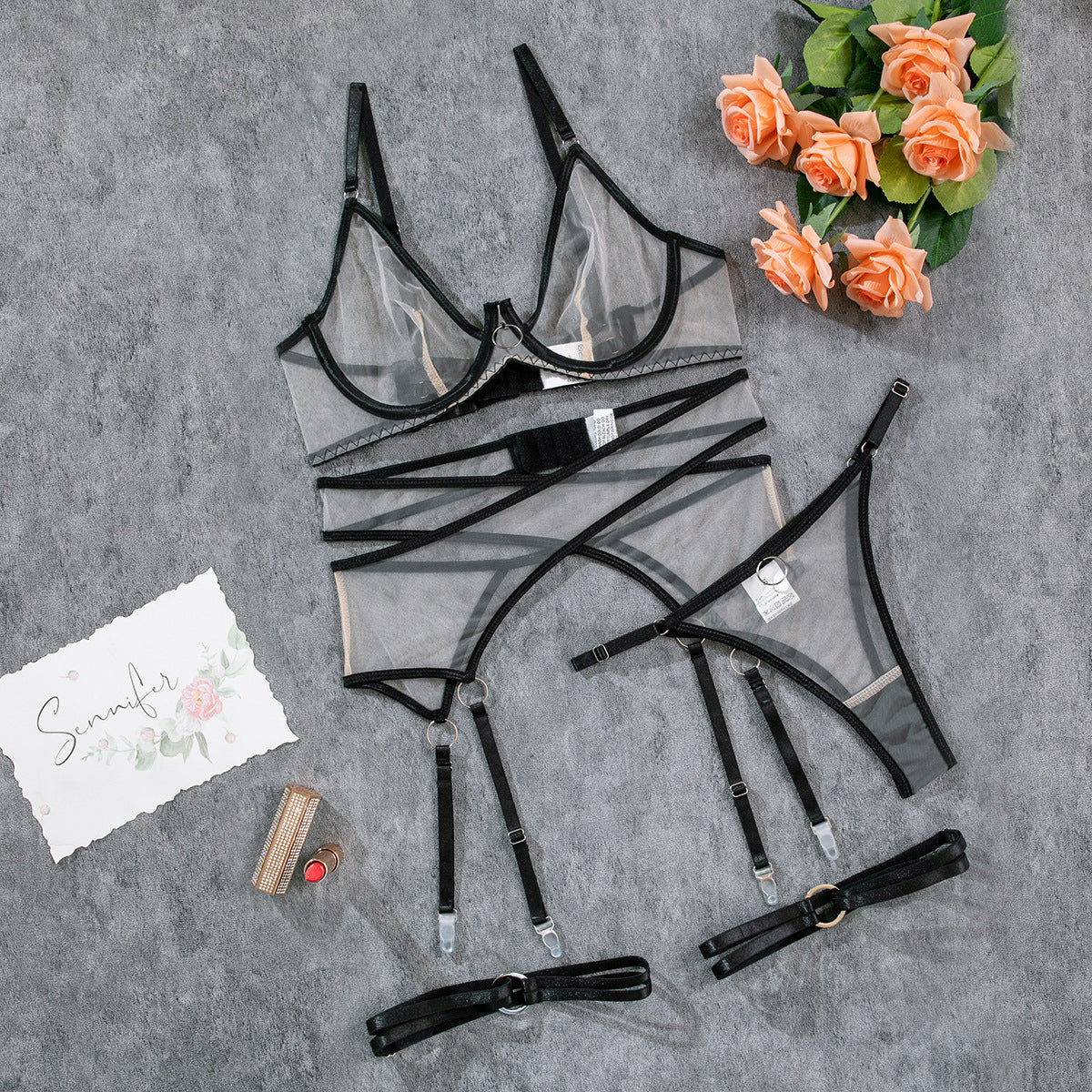 Breathable Mesh See-through Underwear Four-piece Set (Multiple Colors)