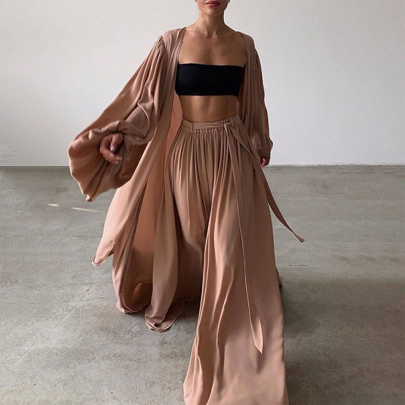 Elegant Women's Solid 3-Piece Set Lantern Sleeve Long Cardigan & Tube Top & Wide Leg Trousers With Drawstring Flowy Outfit