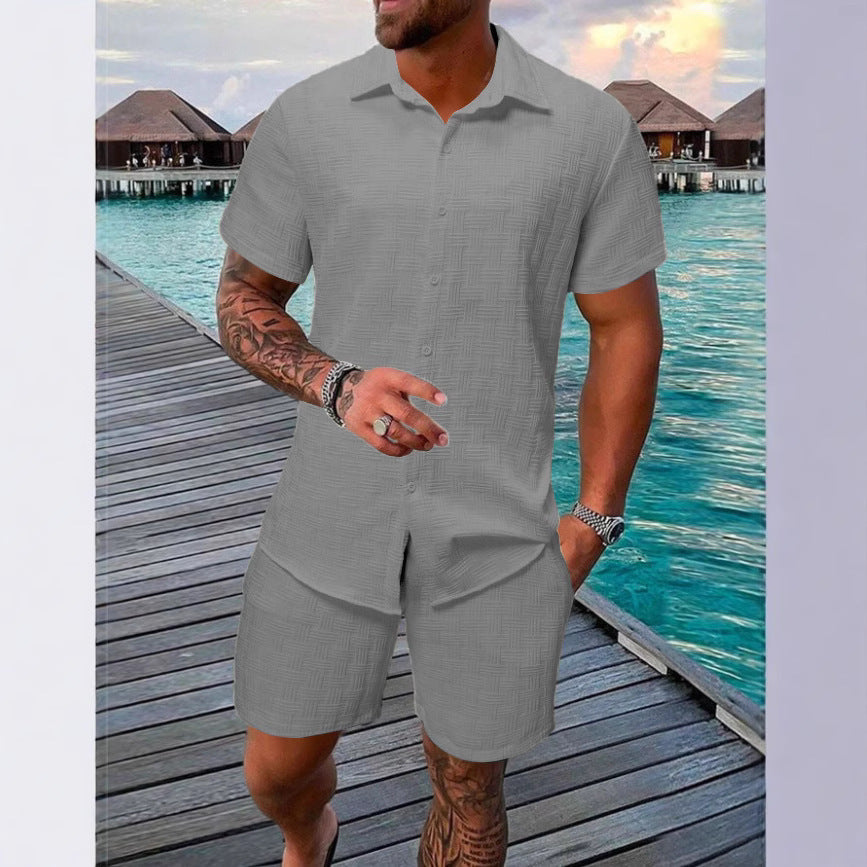 Summer Jacquard Solid Color Short Sleeve Button Down Shirt and Shorts Set (Multiple Colors)