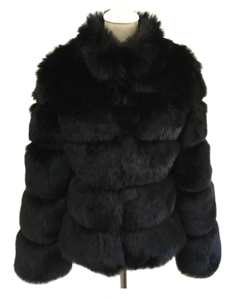 Vegan Fox Fur Slimming Stand Collar Splicing Coat (Multiple Colors)