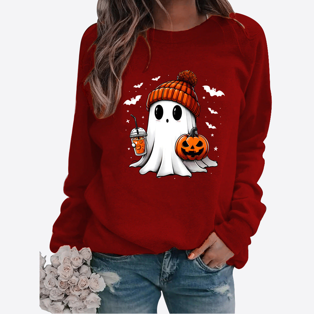 Halloween Round Neck Print Long Sleeve Graphic Sweater