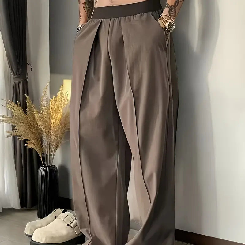 Mens Contrast Color Elastic Waist Pleated Wide-leg Relaxed Pants (Multiple Colors)