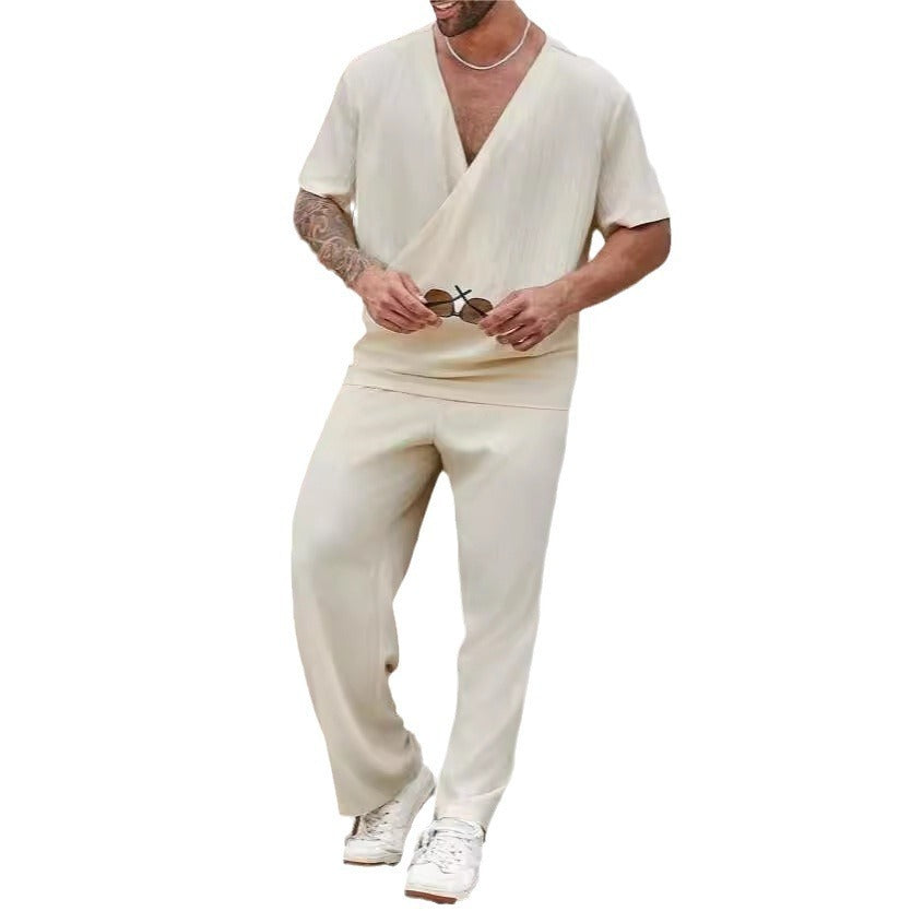 Men's Kimono Style Casual Solid Color Short-sleeved Shirt & Trousers Travel Set Loungewear