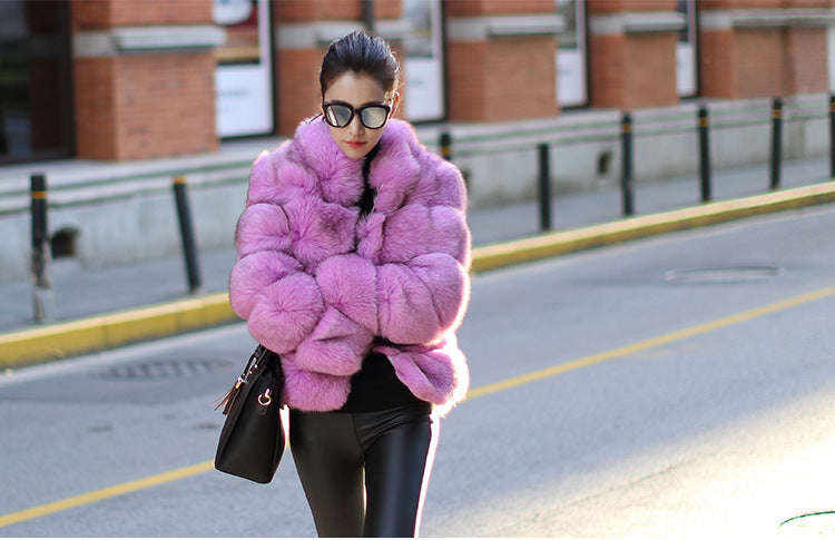 Vegan Fox Fur Slimming Stand Collar Splicing Coat (Multiple Colors)