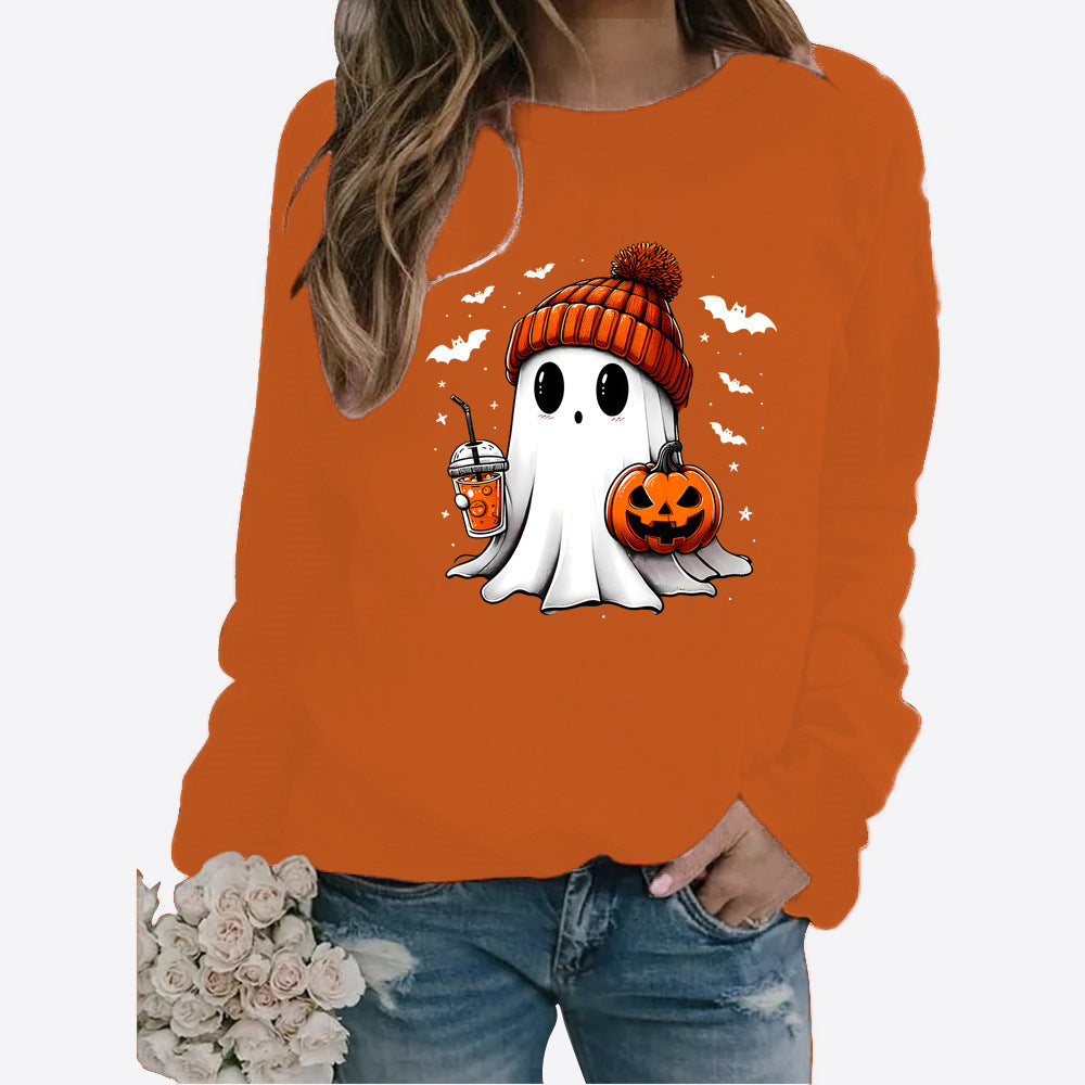 Halloween Round Neck Print Long Sleeve Graphic Sweater