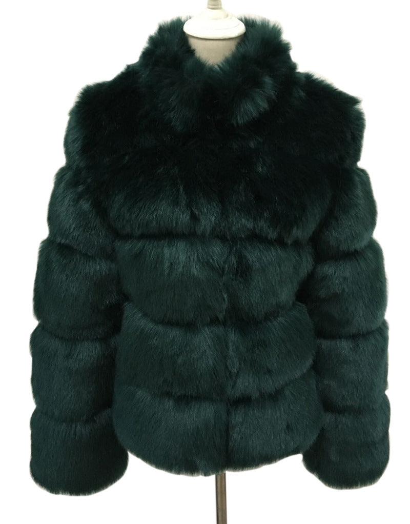 Vegan Fox Fur Slimming Stand Collar Splicing Coat (Multiple Colors)