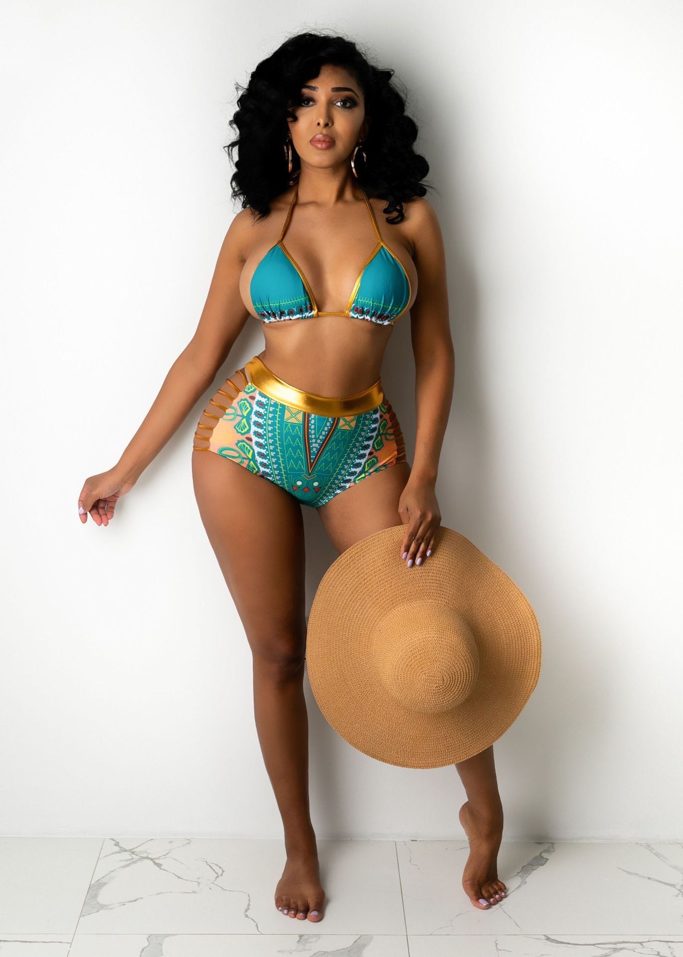 Gorgeous Gold Detail Bikini Digital Print Swimsuit (Multiple Colors)
