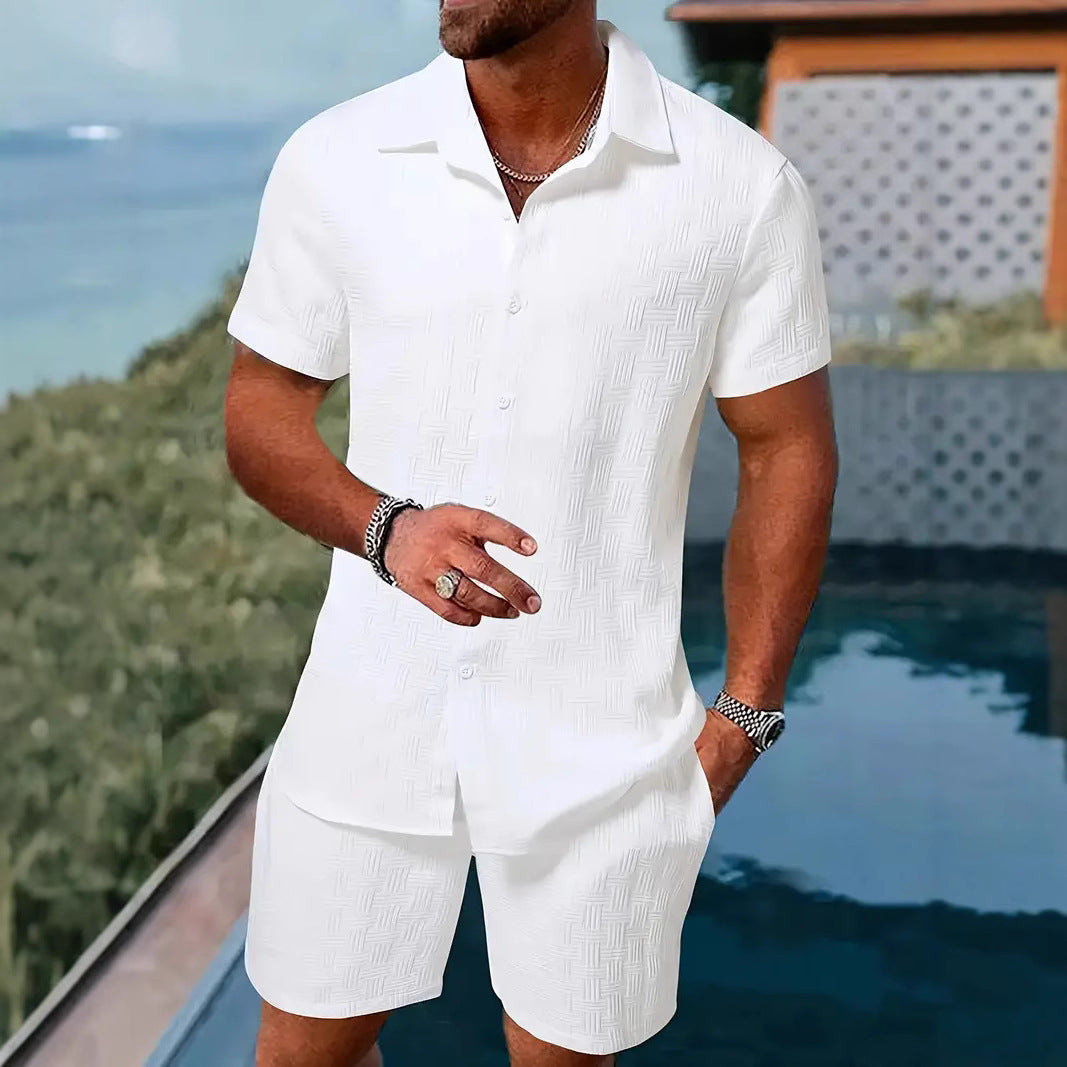 Summer Jacquard Solid Color Short Sleeve Button Down Shirt and Shorts Set (Multiple Colors)