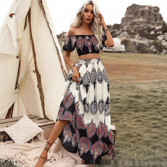 Bohemian Crop Top and High Waisted Flowy Skirt Set