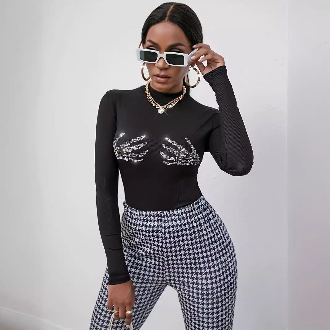 Rib Knitted Skull Rhinestone Top (Black)