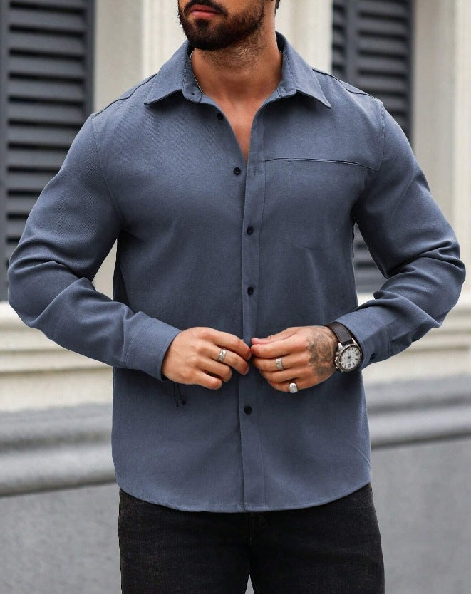 Men's Solid Color Pocket Shirt Long Sleeve Shirt