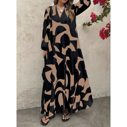 Elegant V-Neck Long-Sleeve Fashionable Floral Print Dress For Women (Multiple Colors)