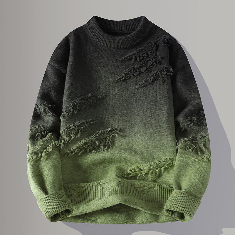 Mens Distressed Ombre Round Neck Pullover Sweater (Multiple Colors)