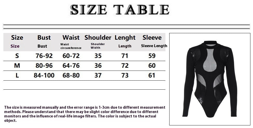 See-through Mesh Patchwork Tight-fitting Cinched Long Sleeve Body Suit (Black)
