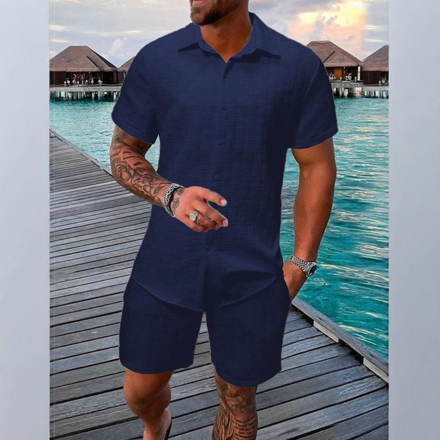 Summer Jacquard Solid Color Short Sleeve Button Down Shirt and Shorts Set (Multiple Colors)