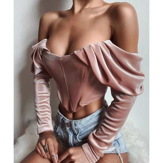 Explosive Fall And Winter Velvet Off-Shoulder Collar Pleated Long-Sleeved Top