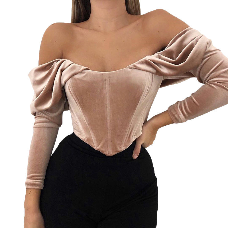 Explosive Fall And Winter Velvet Off-Shoulder Collar Pleated Long-Sleeved Top