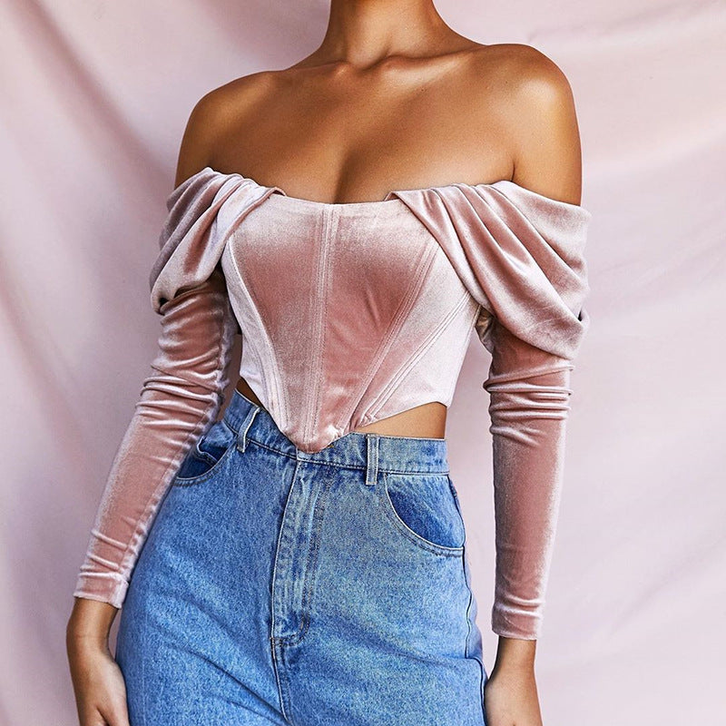 Explosive Fall And Winter Velvet Off-Shoulder Collar Pleated Long-Sleeved Top